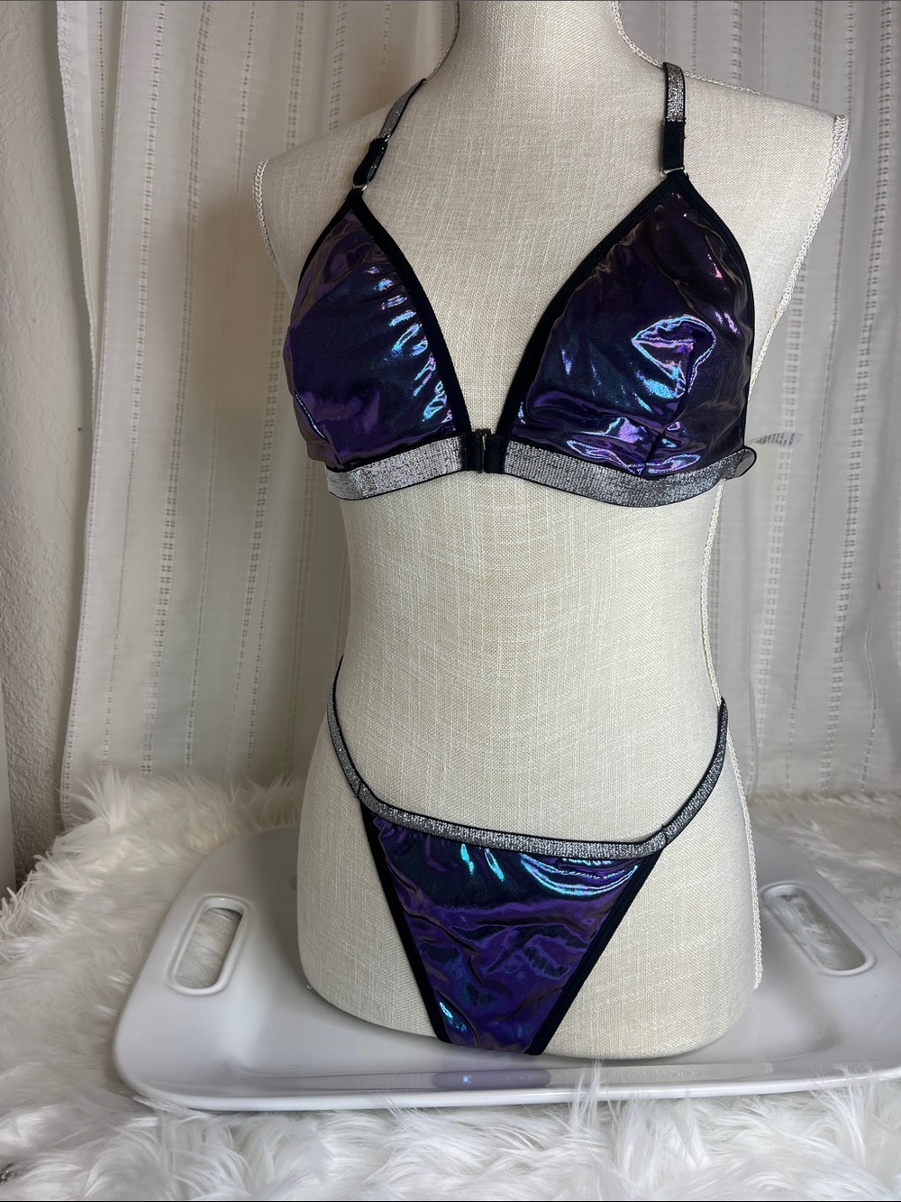 Iridescent Purple Triangle Bra & Panty Set with Silver Heart Rhinestone Trim - Picture 8 of 8